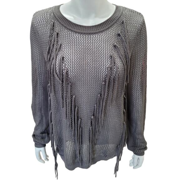 New York & Company Gray Fringe Tassel Open Knit Sweater Womens Large Semi Sheer - Picture 2 of 10